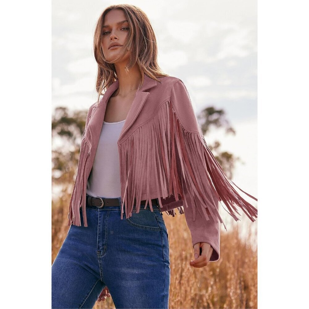 🆕Women's Dark Pink Fringe Faux Suede Leather Jacket Tassel Cropped Fall Coat - Picture 4 of 9